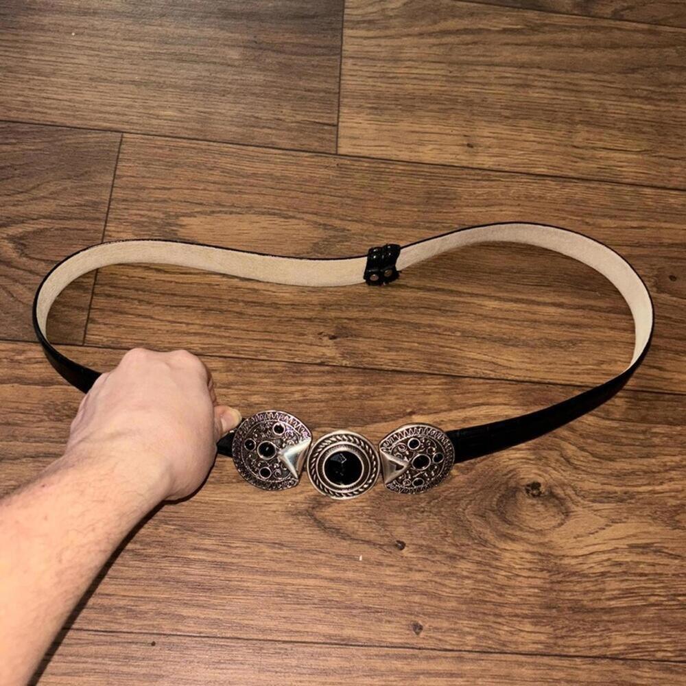 Black genuine, leather line animal printed buckle belt gem Native American look